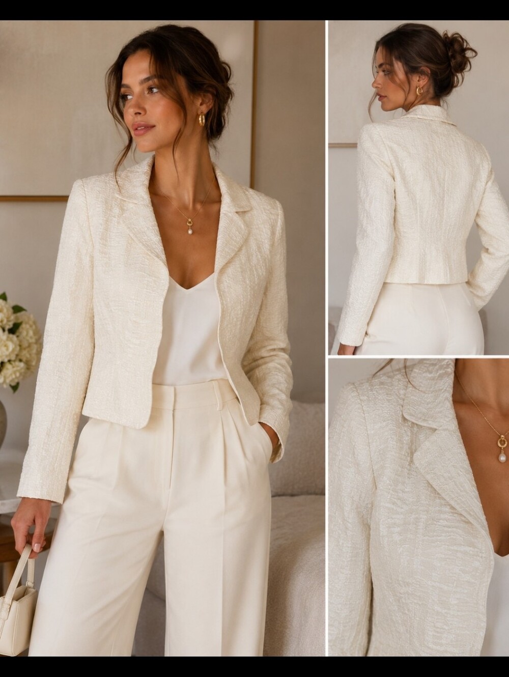 Vintage Alberto Makali Ivory Textured Evening Jacket | Y2K Cropped Formal Blazer